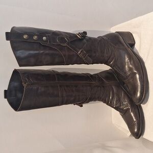 Vintage Dark Brown Leather Knee-High Boots With Buckle And Straps Detail